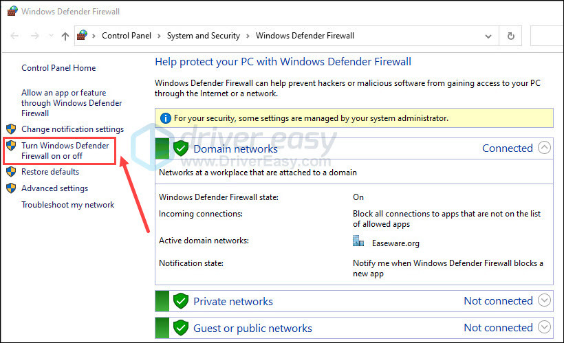 Turn Windows Defender Firewall on or off  را انتخاب کنید.