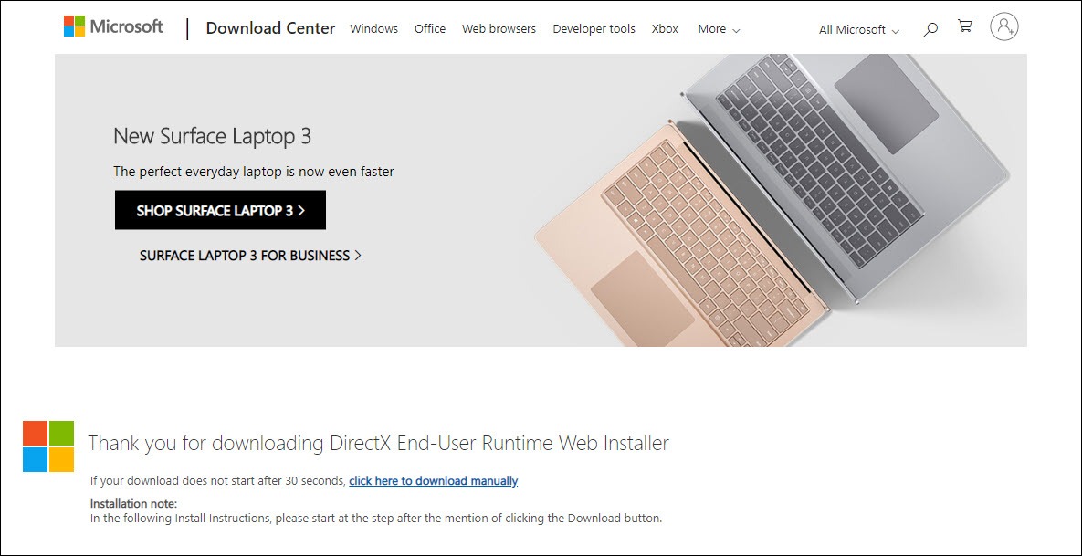 1) به صفحه دانلود رسمی مایکروسافت DirectX End-User Runtime Web Installer بروید.