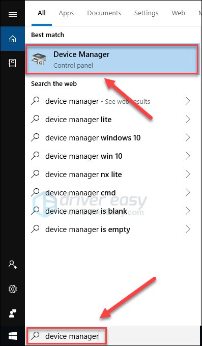 device manager را در کادر جستجو جای‌گذاری کنید، سپس روی Device Manager کلیک کنید.