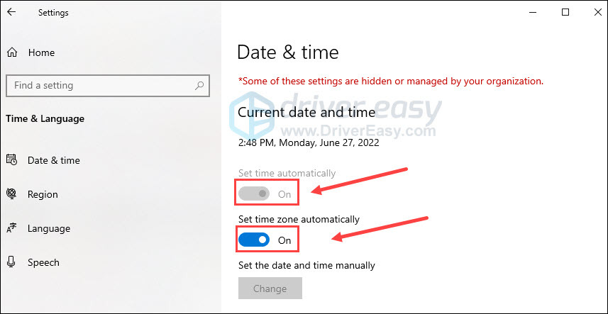 در برگه تاریخ و زمان، Set time automatically و Set time zone automatically را روشن کنید.