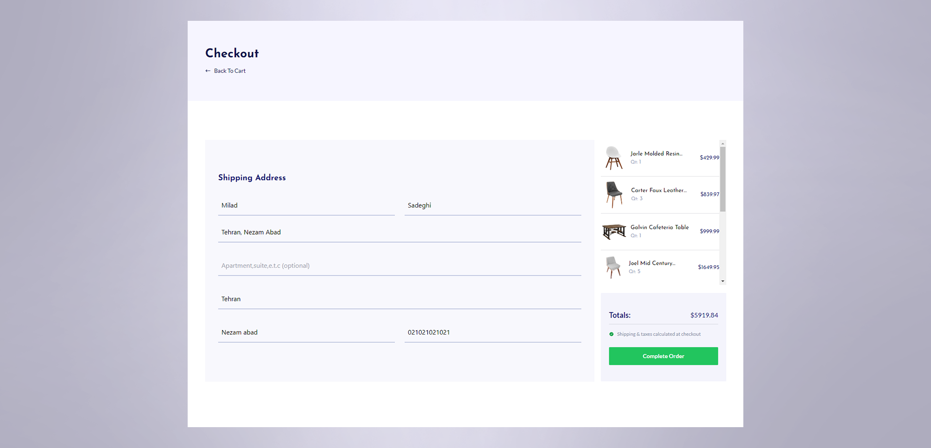 Checkout Page Checkout Page