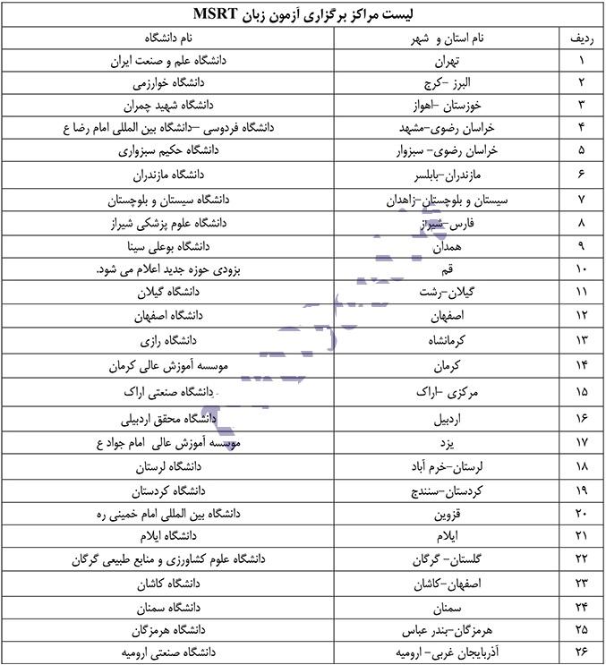 تقویم برگزاری آزمون زبان انگلیسی MSRT سال 1402