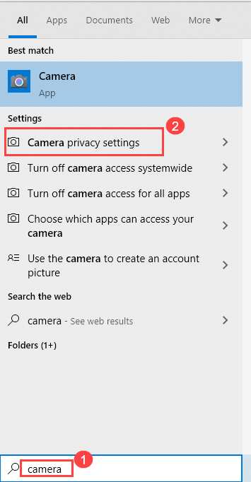 در نوار جستجوی ویندوز، دوربین را تایپ کرده و تنظیمات حریم خصوصی دوربین را انتخاب کنید.