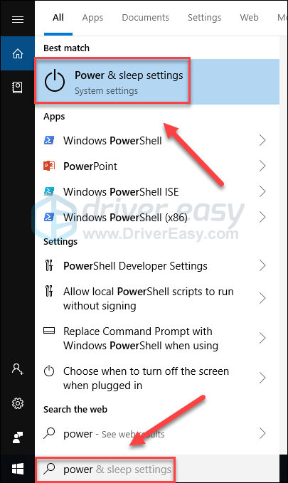 1) روی صفحه کلید خود، کلید لوگوی ویندوز را فشار دهید. سپس power را تایپ کنید و تنظیمات Power & sleep را انتخاب کنید.