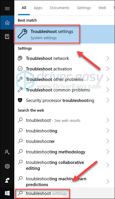 2) troubleshoot را در کادر جستجو کپی و جایگذاری کنید و روی Troubleshoot settings کلیک کنید.