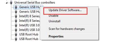 روی دستگاه Generic USB Hub کلیک راست کرده و Update Driver Software را انتخاب کنید…