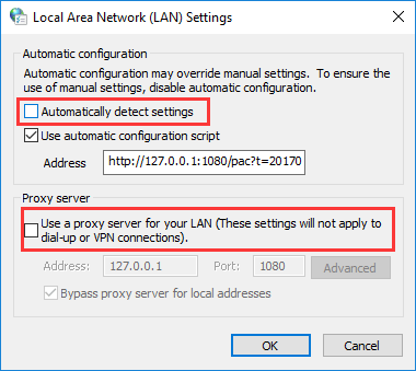ج) اطمینان حاصل کنید که Automatically detect settings و Use a proxy server for your LAN علامت نخورده است.