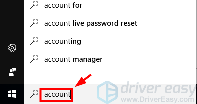 اگر نمی دانید که نوع حساب شما مدیر است یا خیر، روی دکمه Start در گوشه سمت چپ پایین صفحه کلیک کنید و سپس "account" را تایپ کنید.