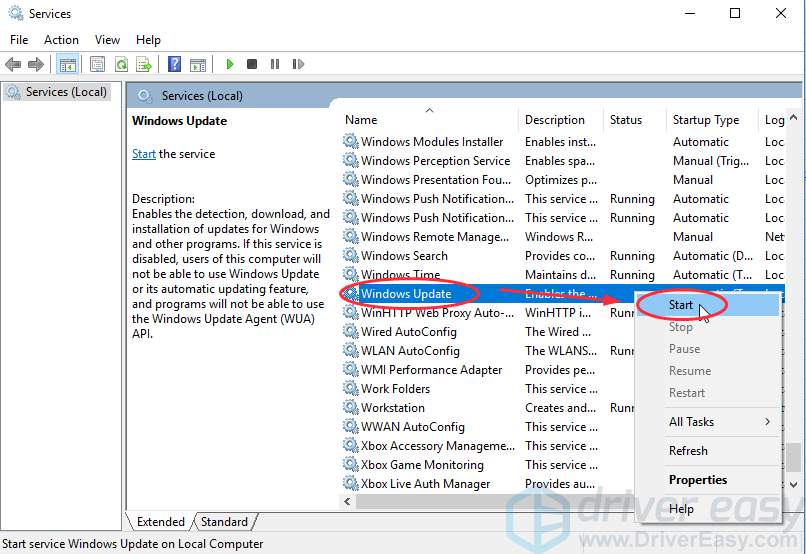 3) Windows Update را راست کلیک کنید (اگر از ویندوز XP استفاده می کنید، روی Automatic Updates کلیک راست کنید) و روی Start کلیک کنید.