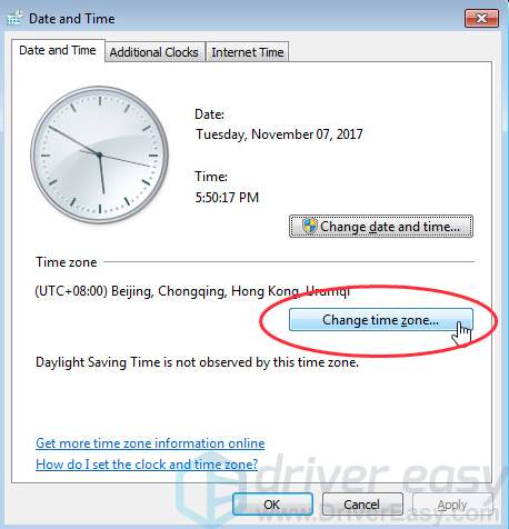 2) روی Change date and time کلیک کنید تا مطمئن شوید تاریخ و ساعت در ویندوز شما درست است، سپس روی OK کلیک کنید.