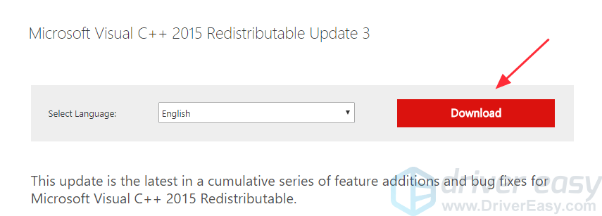 1) به صفحه دانلود Microsoft Visual C++ 2015 Redistributable Update 3 بروید، زبان صحیح را انتخاب کنید و سپس روی Download کلیک کنید.