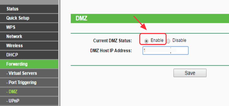 5) روی Enable کلیک کنید تا DMZ فعال شود.