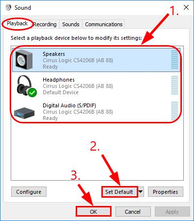 در تب Playback ، روی the audio device you wish to play کلیک کنید، سپس روی Set Default کلیک کنید. روی OK کلیک کنید.