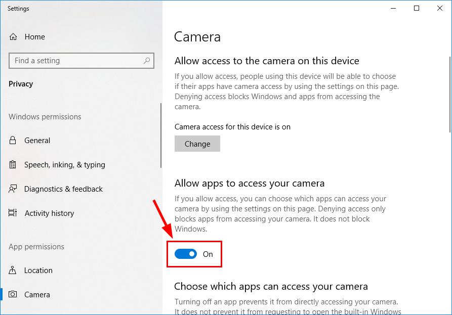 مطمئن شوید که On Allow apps to access your camera را روشن کرده اید.