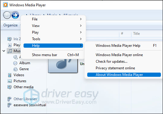 ALT + H را روی صفحه کلید خود فشار دهید و درباره Windows Media Player کلیک کنید.